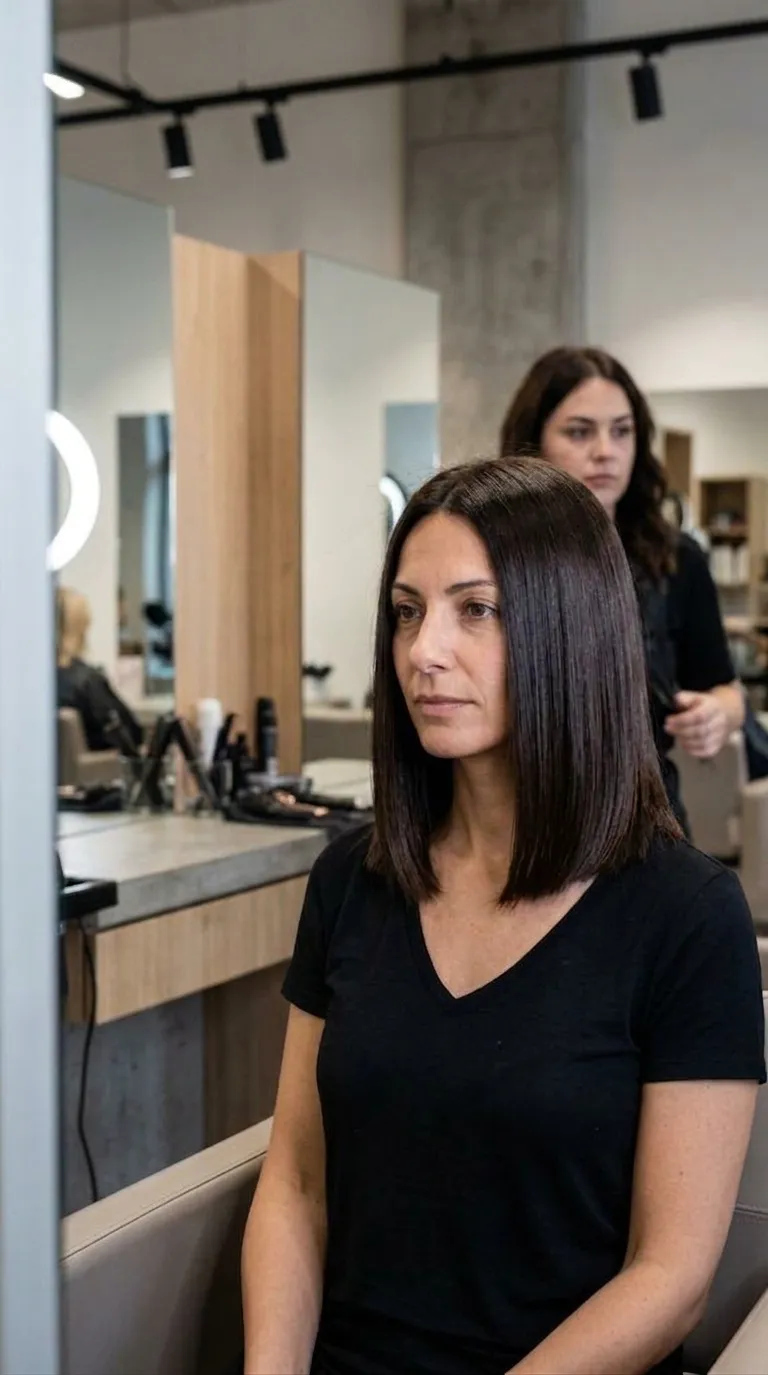 Deep brunette precision bob with sleek shine, blunt perimeter, and refined salon finish for a polished summer 2026 haircut for women over 40