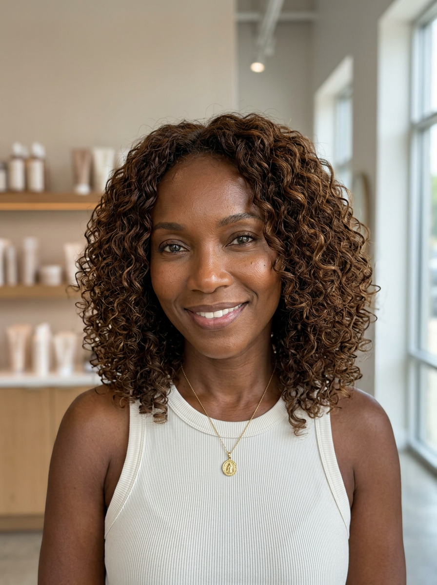 Warm brunette sculptural curly lob with caramel highlights, defined glossy curls, face-framing layers, and polished salon volume for a summer 2026 haircut for women over 40
