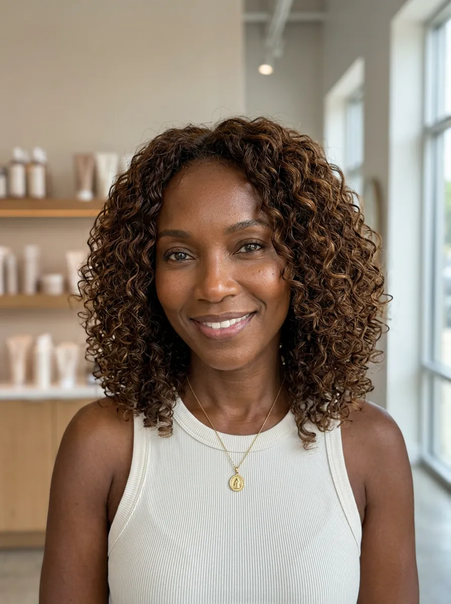 Warm brunette sculptural curly lob with caramel highlights, defined glossy curls, face-framing layers, and polished salon volume for a summer 2026 haircut for women over 40