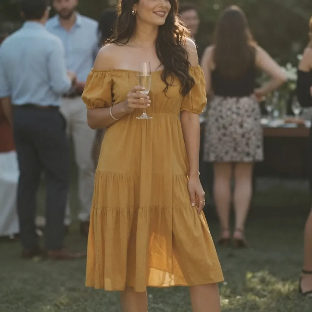 Mustard Off-Shoulder Midi Dress With Party-Ready Charm