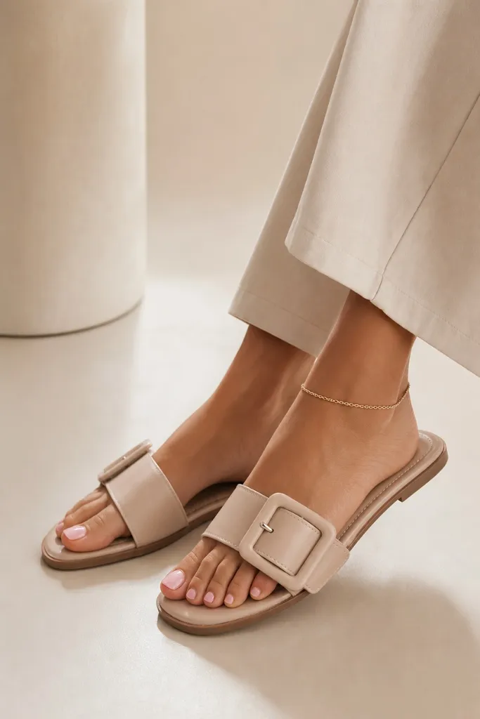 Summer Flip-Flops for Women 2026 Nude Buckle Slides With Flat Sole Simplicity