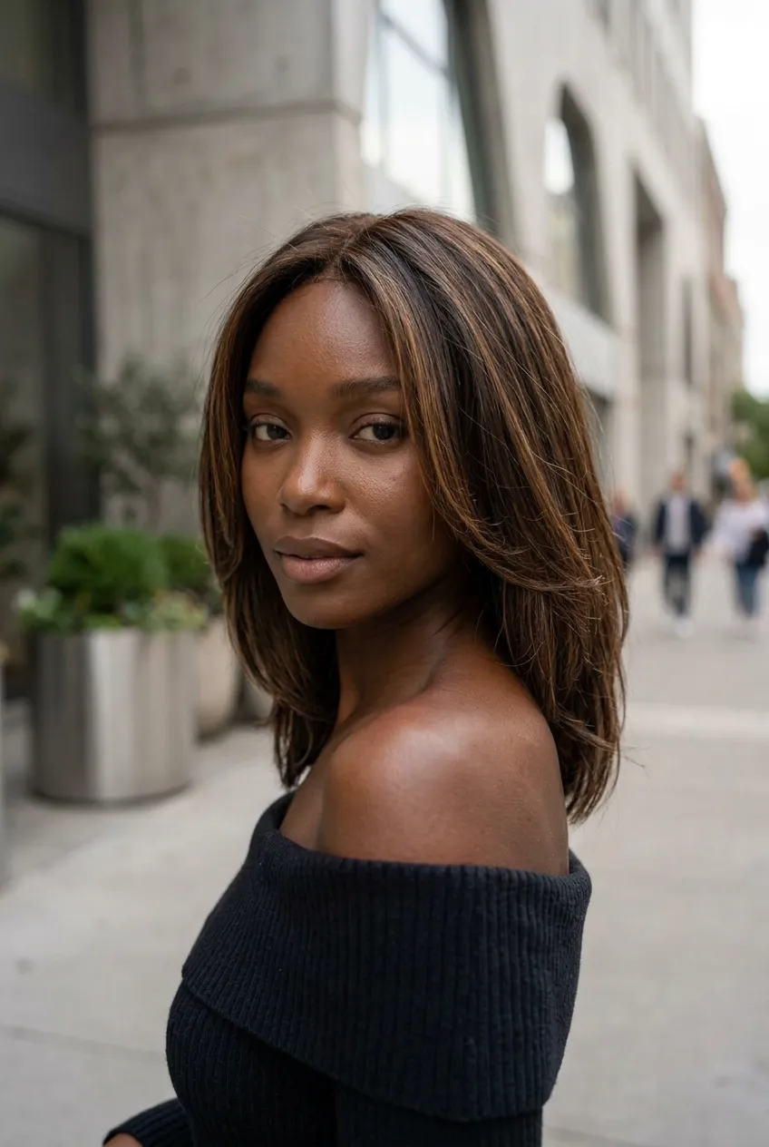 Dimensional brunette lob medium haircut with chestnut and caramel ribbons, glossy finish, soft bend through the ends, and polished city-street Summer 2026 style