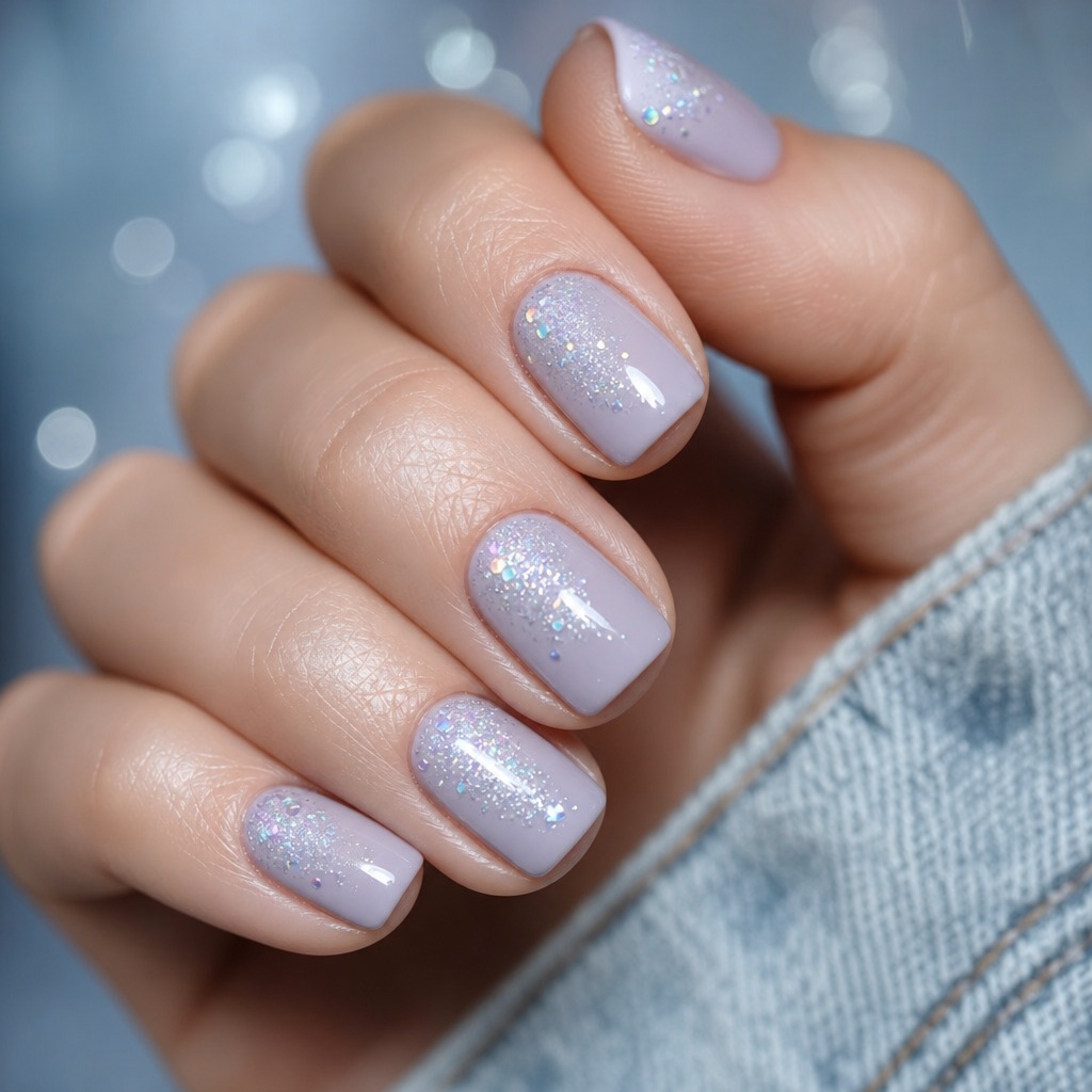 Summer Nails Inspo 2026 Lavender Glitter Wash on Short Nails That Feels Like Stardust