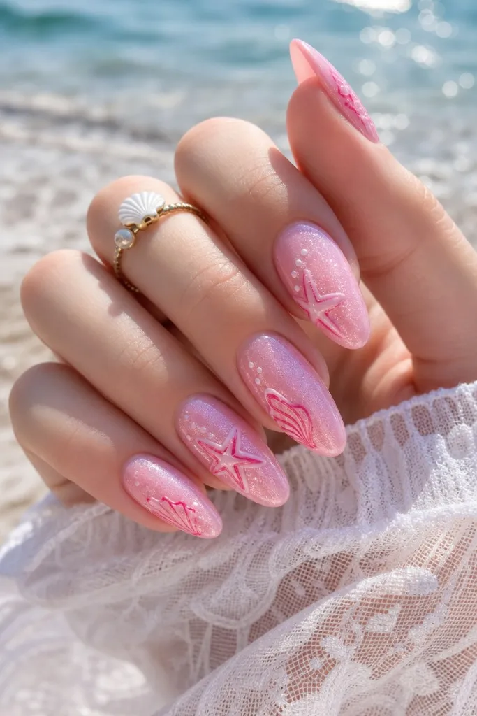 Summer Beach Nails 2026 Pink Starfish Shimmer Nails With Under-the-Sea Romance