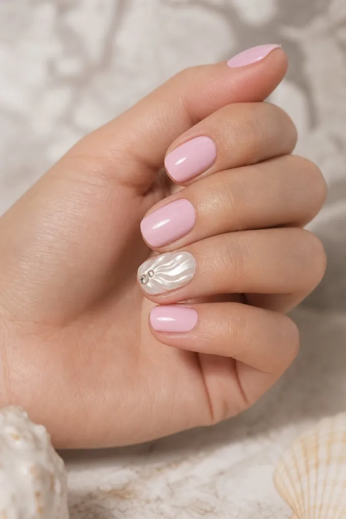 Short Nail Ideas for Summer 2026 Soft Pink Shell Nails With Beach-Day Charm