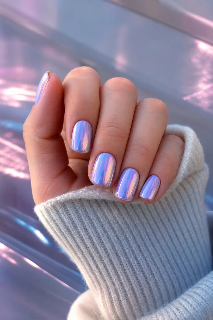 Light Summer Nails 2026 Holographic Chrome Nails With Futuristic Iridescent Glow