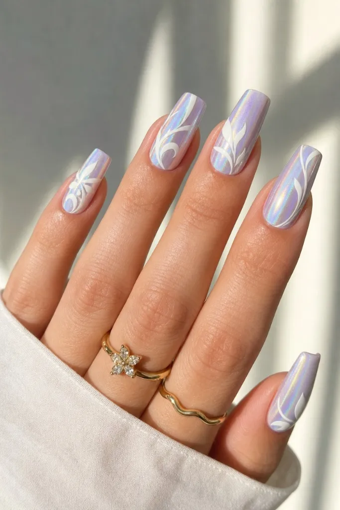 Summer Beach Nails 2026 Holographic Lavender Nails With White Botanical Art