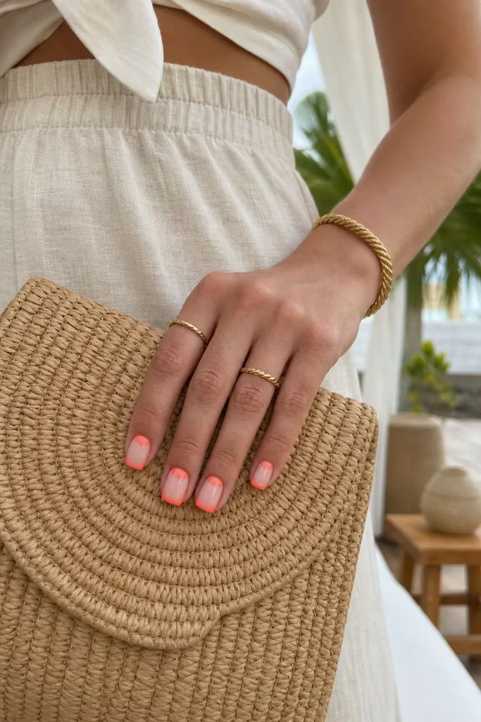 Summer June Nails 2026 Neon Coral French Fade Nails With Short Natural Shape