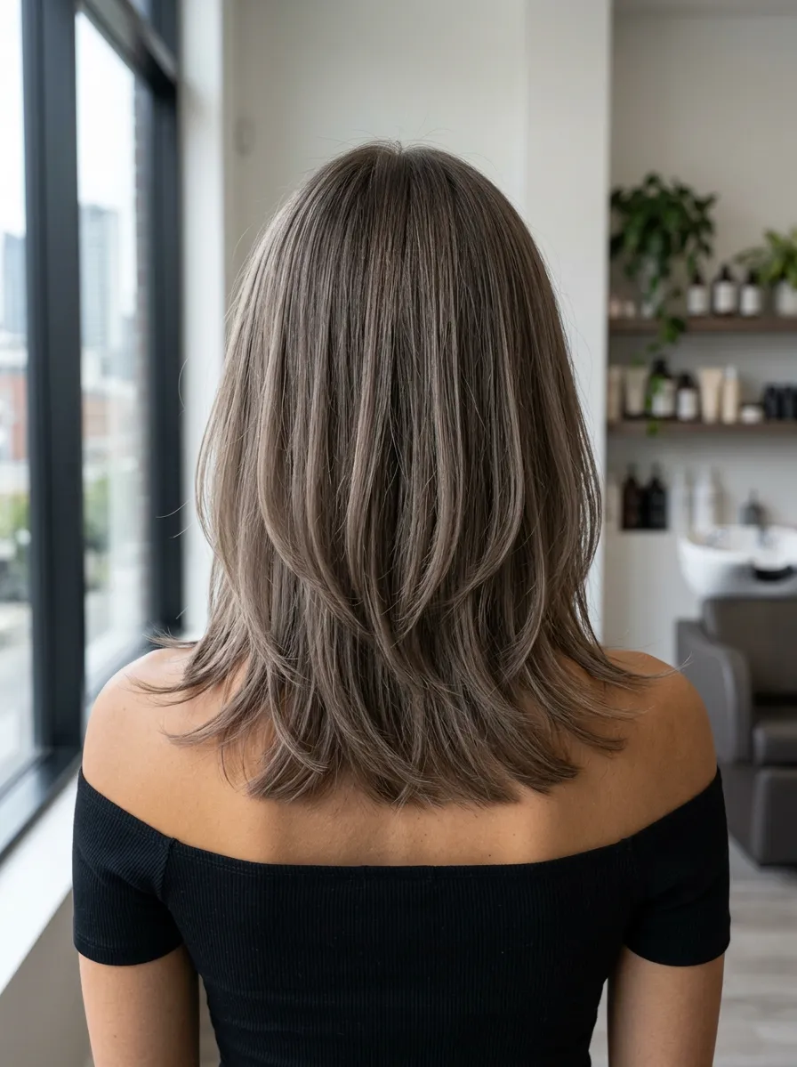 Mushroom feathered lob medium haircut with cool brunette dimension, soft layered back shape, and airy Summer 2026 salon texture