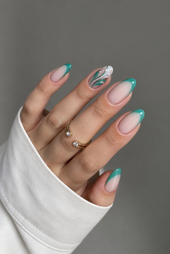 Summer Nails Inspo 2026 Teal Gradient French Tips With Swirled 3D Accent Art