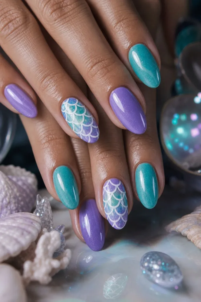 Summer Beach Nails 2026 Purple and Teal Mermaid Nails With Bold Scale Pattern