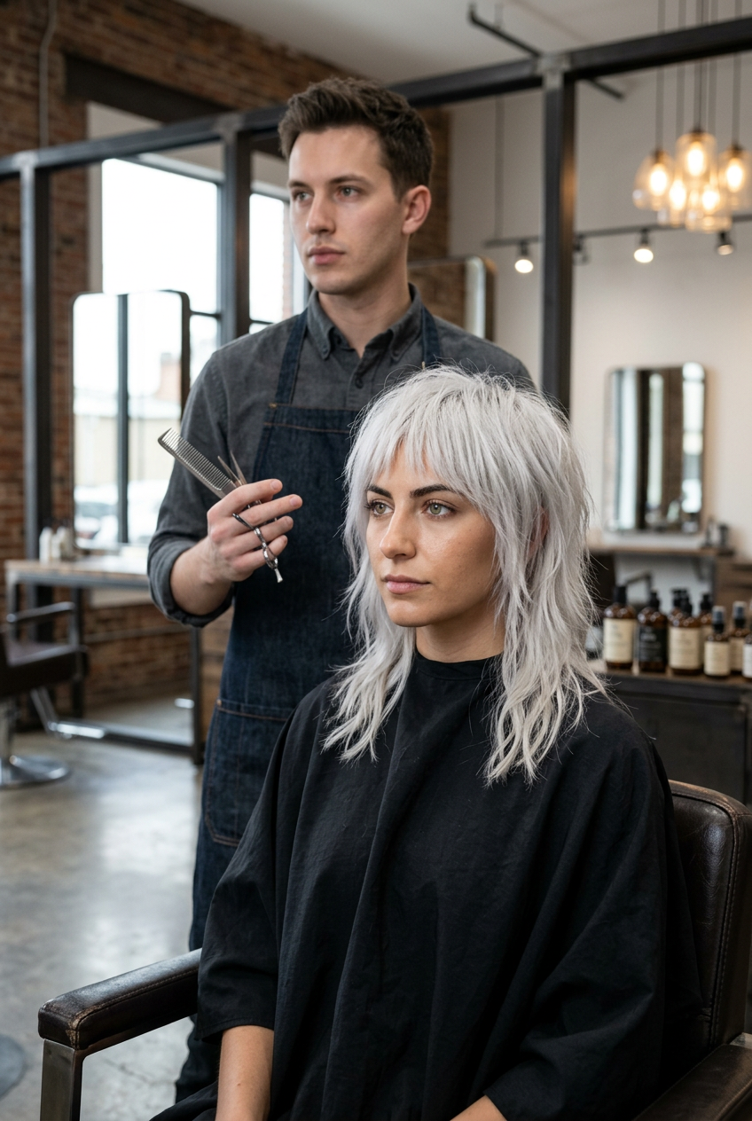 Platinum wolf shag medium haircut with textured crown, heavy airy layering, edgy salon styling, and bold Summer 2026 volume