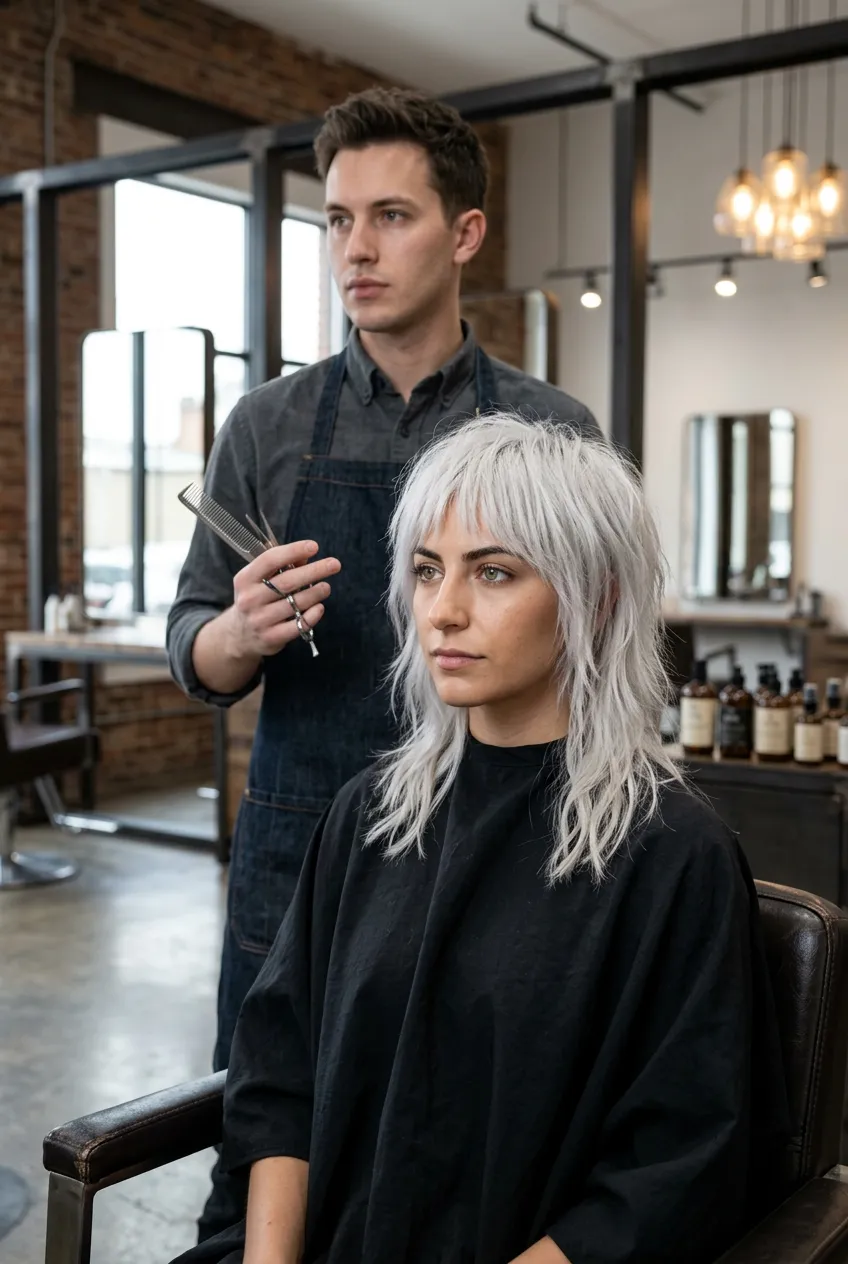 Platinum wolf shag medium haircut with textured crown, heavy airy layering, edgy salon styling, and bold Summer 2026 volume