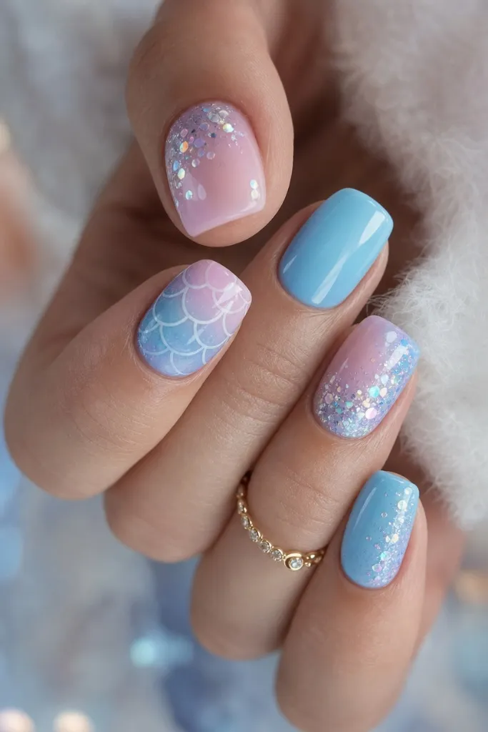 Summer Beach Nails 2026 Pastel Mermaid Scale Nails With Glitter Ombré Magic