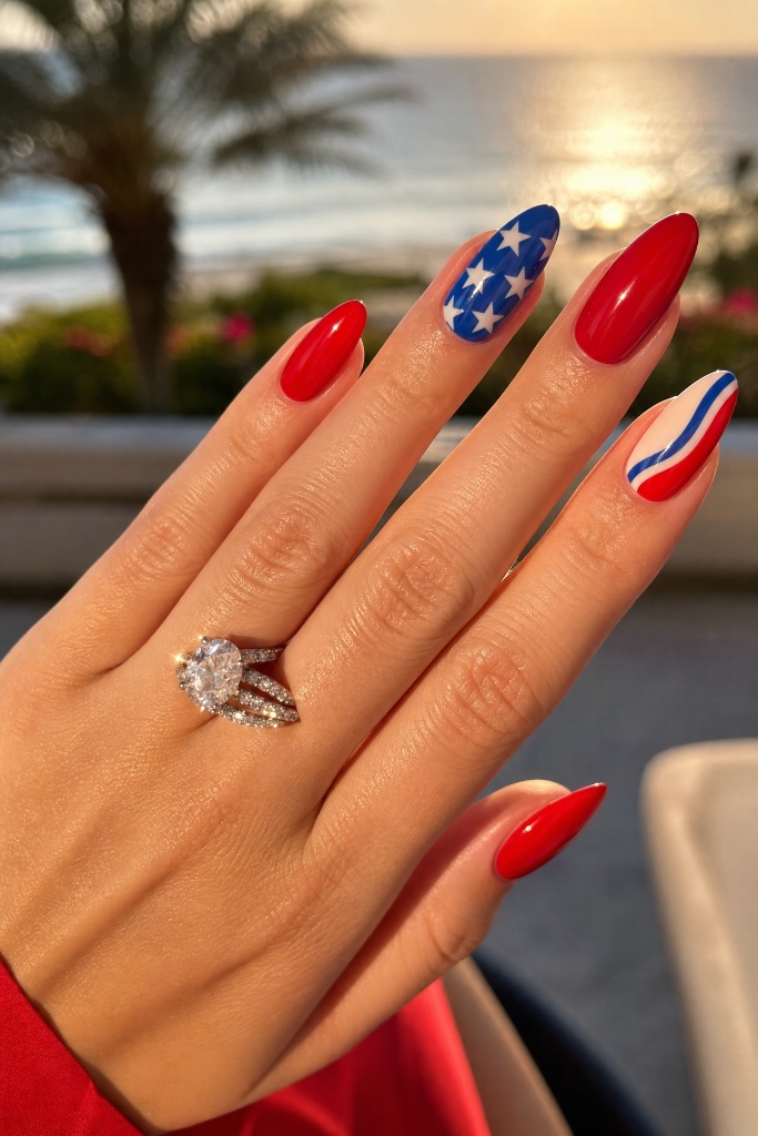 4th of July Nails for 2026 Sunset Almond Nails With Stars and Stripe Accents