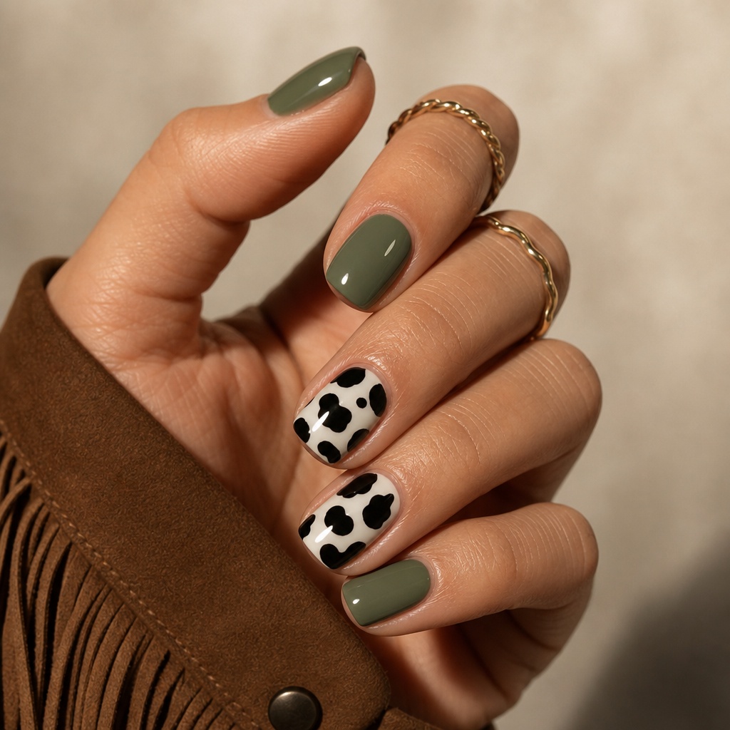 Summer Nails Inspo 2026 Short Sage and Cow Print Combo With Fringe-Worthy Attitude