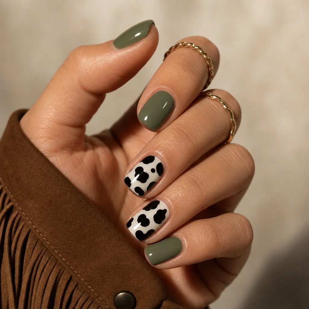 Summer Nails Inspo 2026 Short Sage and Cow Print Combo With Fringe-Worthy Attitude