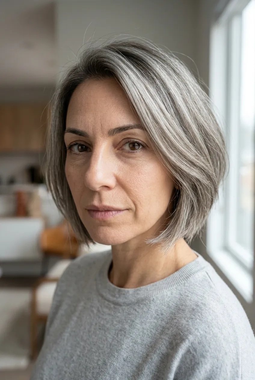 Beige blonde midi lob with curtain layers, feathered ends, and glossy airy movement for summer 2026 haircuts for women over 40