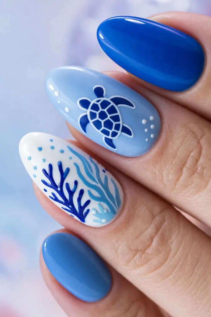 Summer Beach Nails 2026 Ocean Blue Sea Turtle Nails With Coral Reef Detail