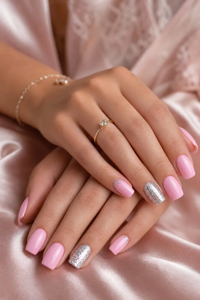 Light Summer Nails 2026 Pink and Silver Glitter Nails With Feminine Sparkle Energy