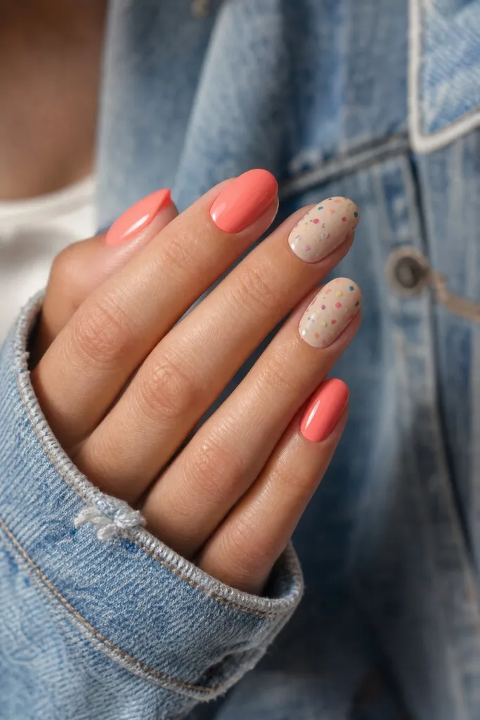 Light Summer Nails 2026 Coral Confetti Nails With Fun Party-Ready Charm