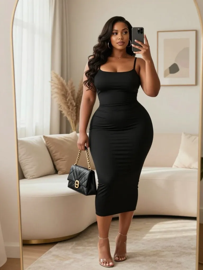Sleek Black Midi Baddie Dinner Outfits For Curvy Glam