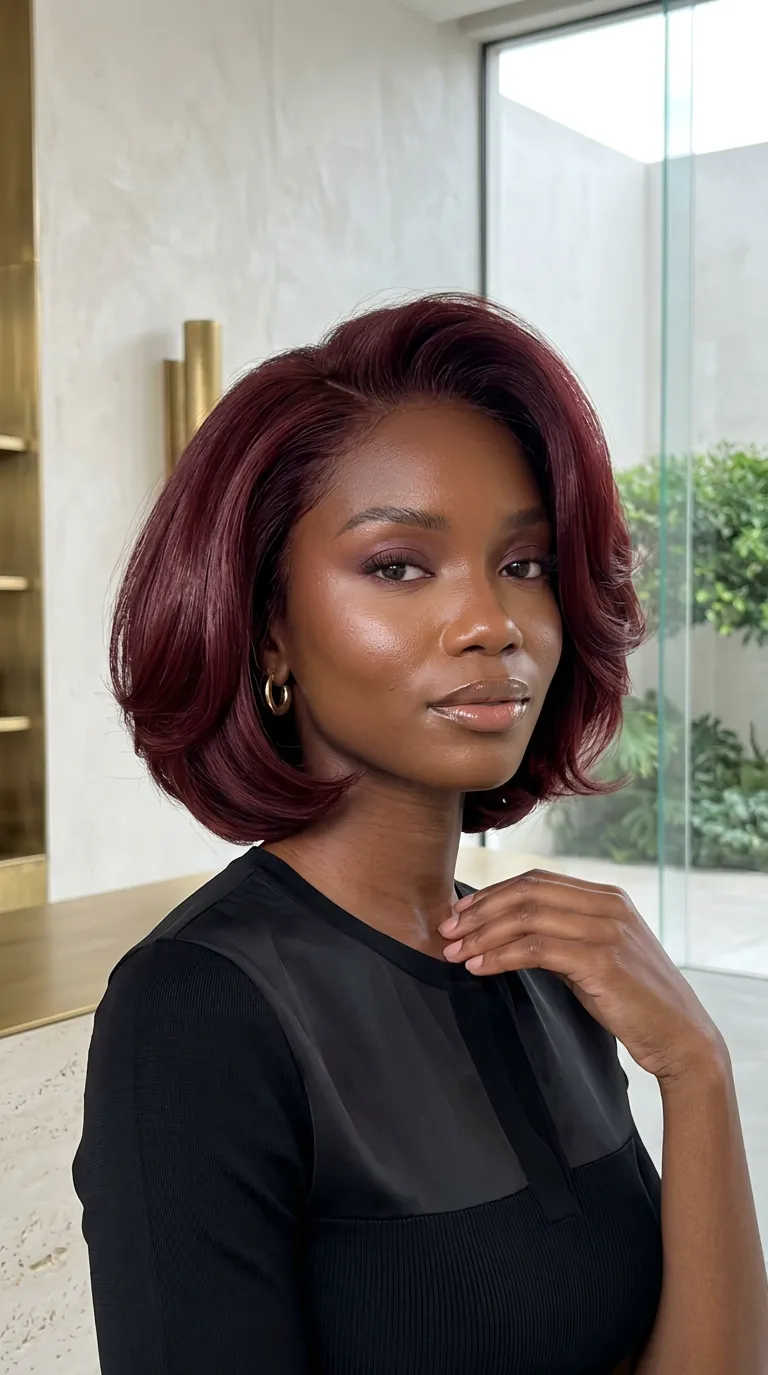 rounded burgundy volume bob on deep skin, glossy curved layers, rich wine tone, soft fullness, elegant summer 2026 editorial portrait