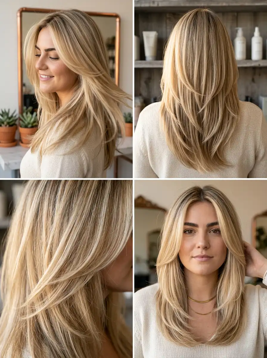 Long blonde soft layered haircut for Summer 2026 with face-framing pieces, airy movement, bright natural finish, elegant salon collage aesthetic