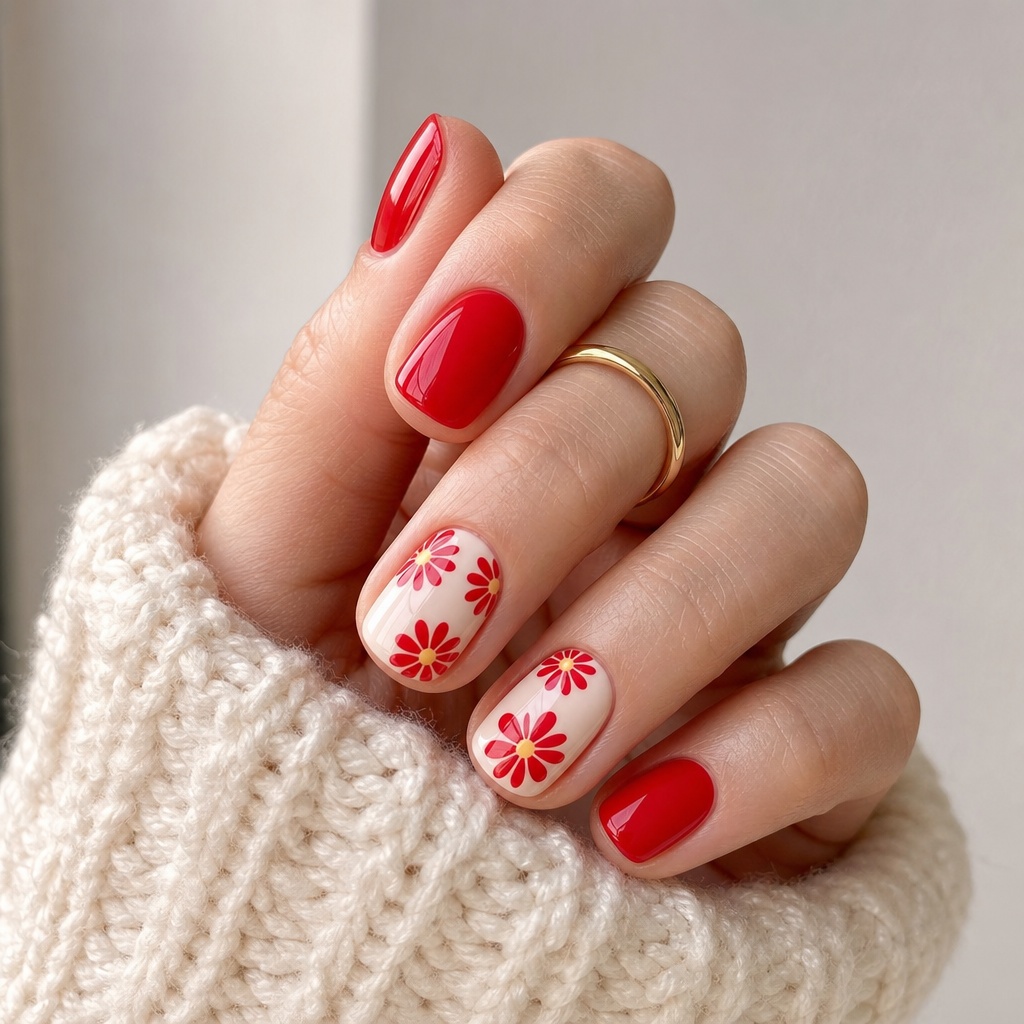 Short Summer Nails 2026 Inspo Red Daisies on Cream for Retro Summer Fun
