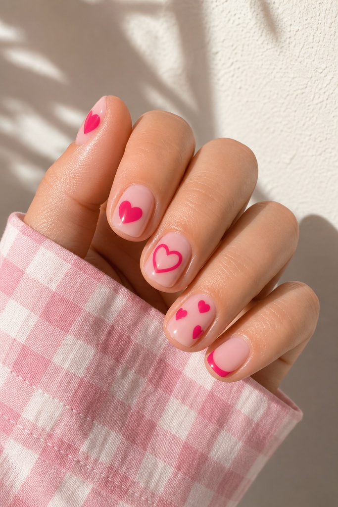 Short Summer Nails 2026 Inspo Bright Pink Hearts on Nude for Playful Summer Days