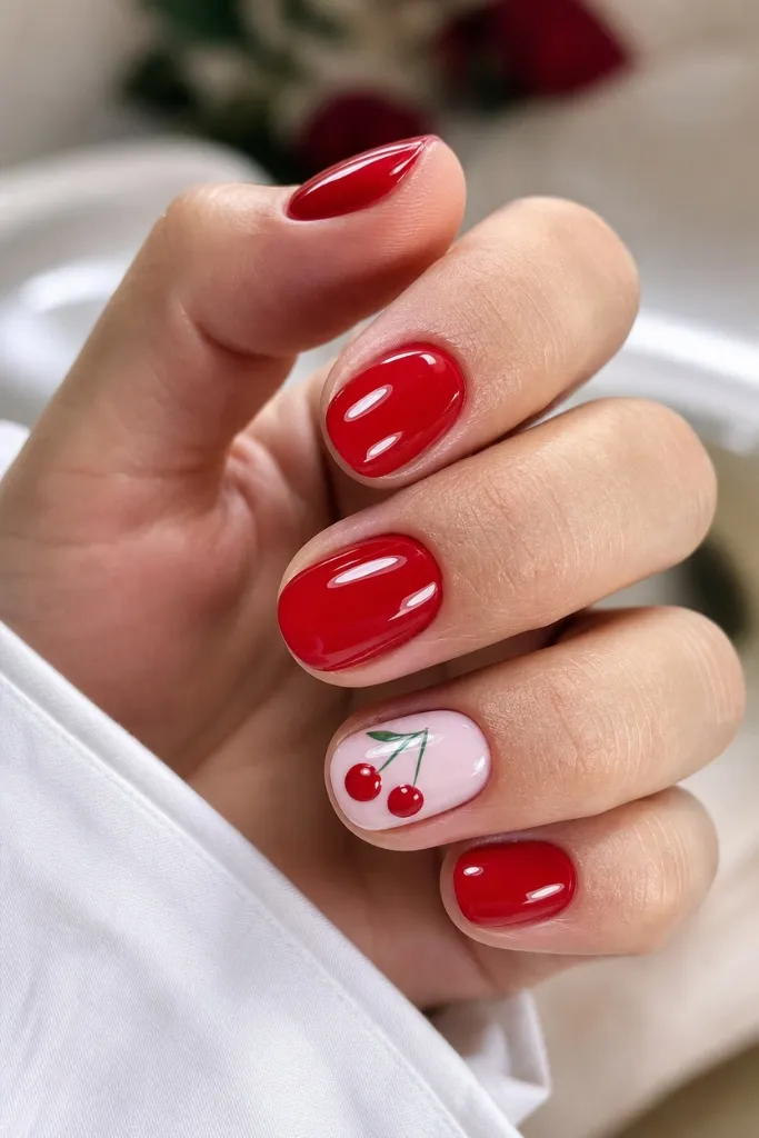 Short Nail Ideas for Summer 2026 Cherry Red Nails With Fruity Accent Charm