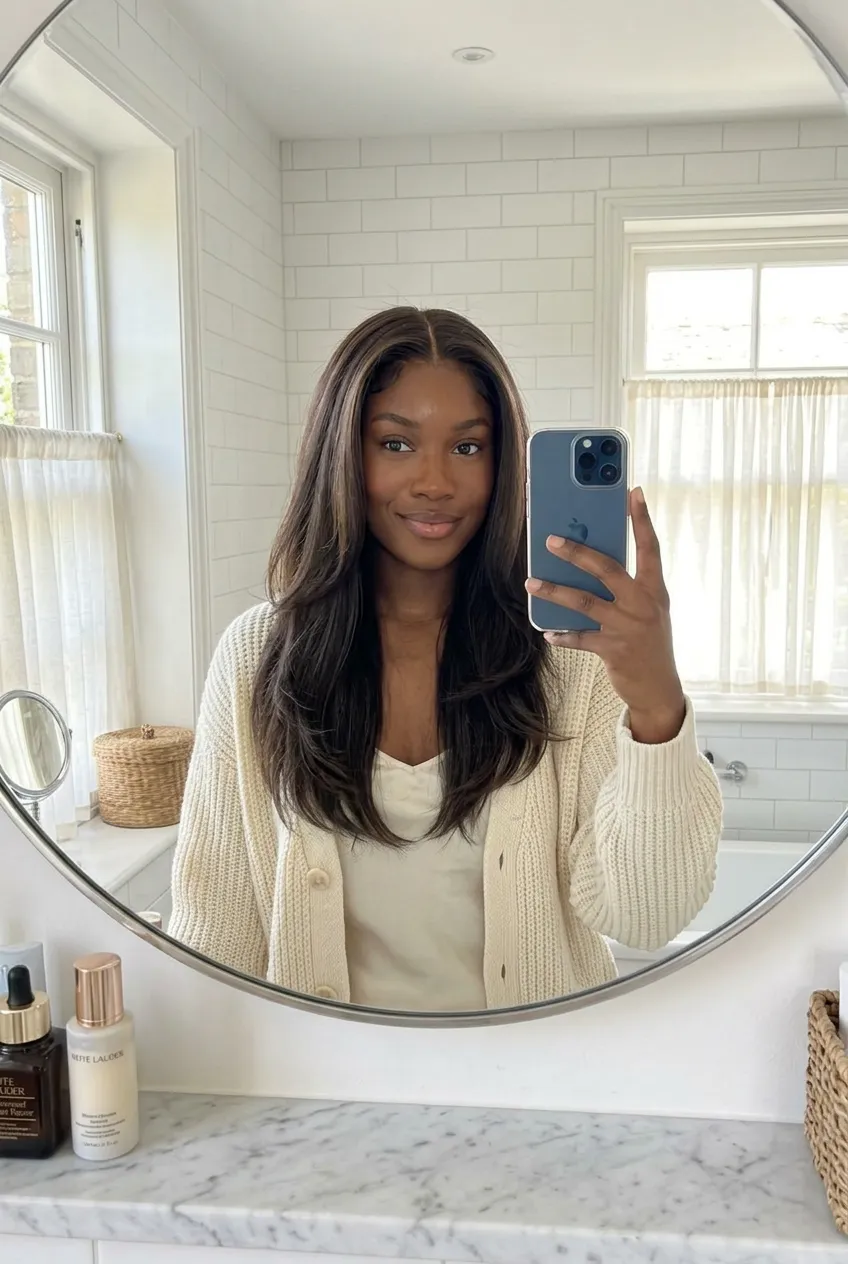 Dark brunette long layered blowout with natural volume, middle part, lived-in glossy finish, relaxed indoor beauty portrait for Summer 2026