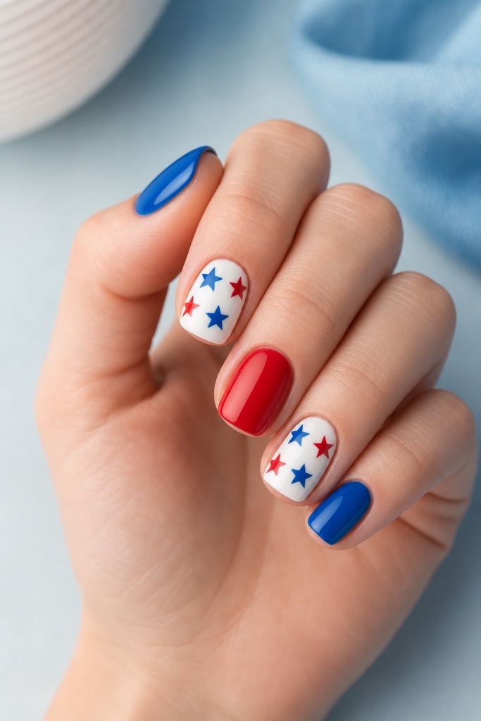 Patriotic Nails for 2026 Stars and Stripes on a Crisp White and Blue Base