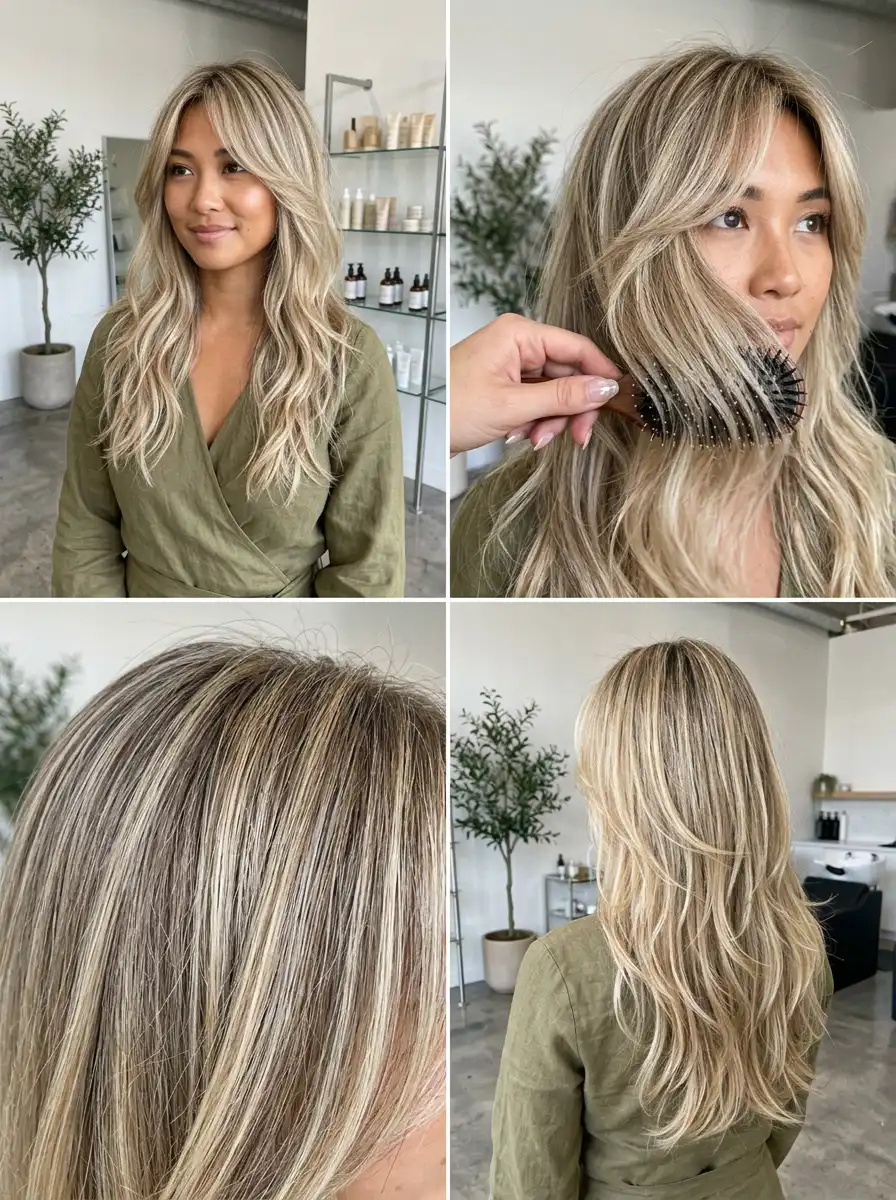 Long blonde haircut with curtain bangs and dimensional highlights for Summer 2026, soft salon layers, airy movement, elegant editorial collage