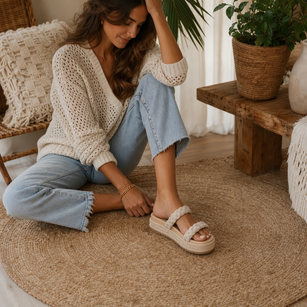 Summer Flip-Flops for Women 2026 Cream Braided Espadrille Platform Slides With Boho Ease