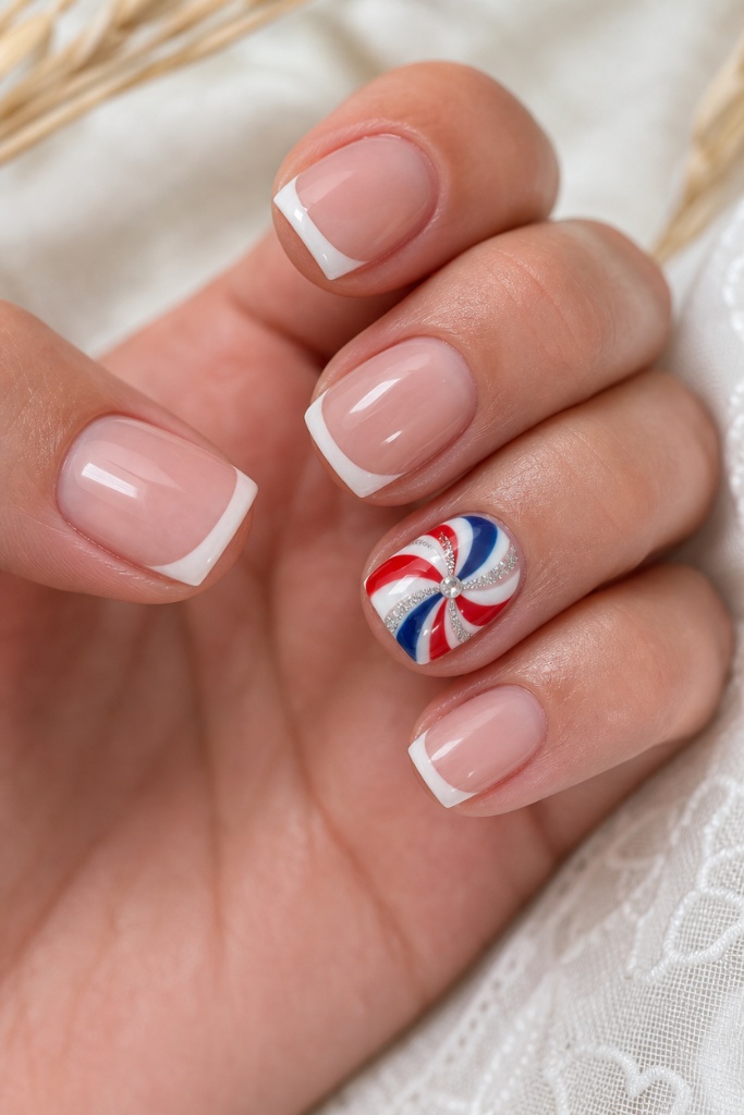 Patriotic Nails for 2026 Classic French Manicure With Patriotic Pinwheel Accent