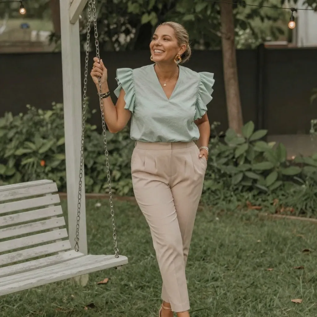 Mint Ruffle Blouse With Blush Tapered Trousers