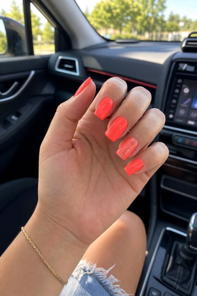 Summer June Nails 2026 Neon Coral Square Nails With One Glitter Accent