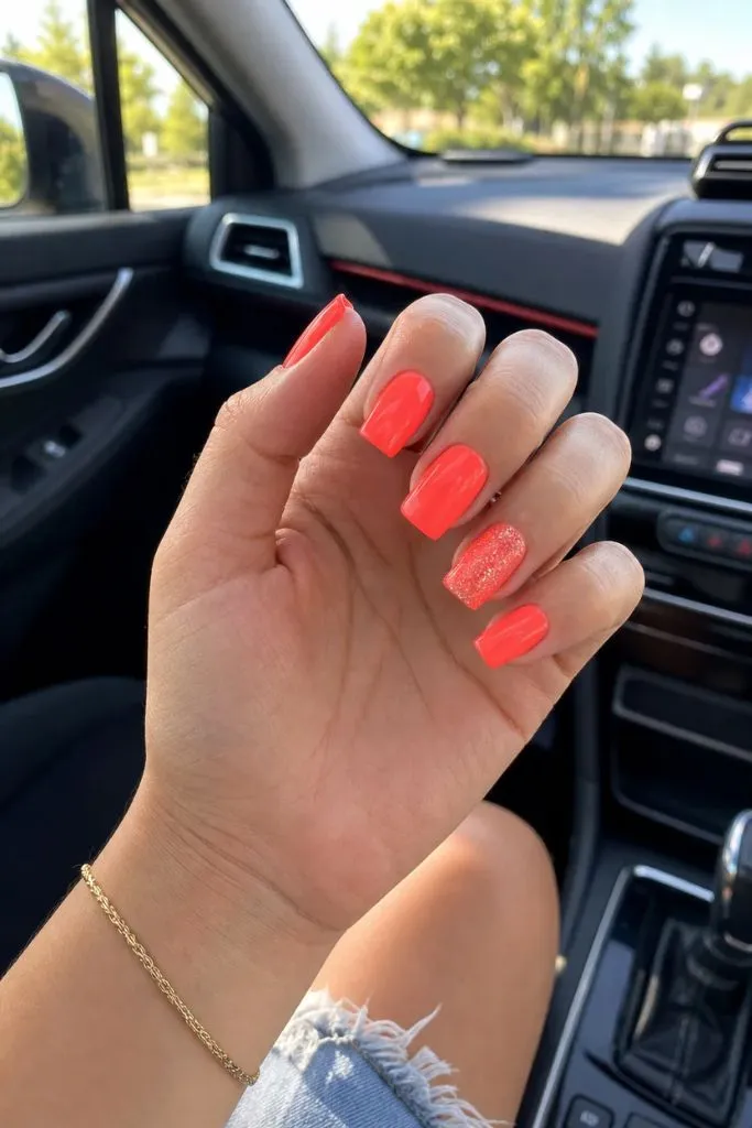 Summer June Nails 2026 Neon Coral Square Nails With One Glitter Accent