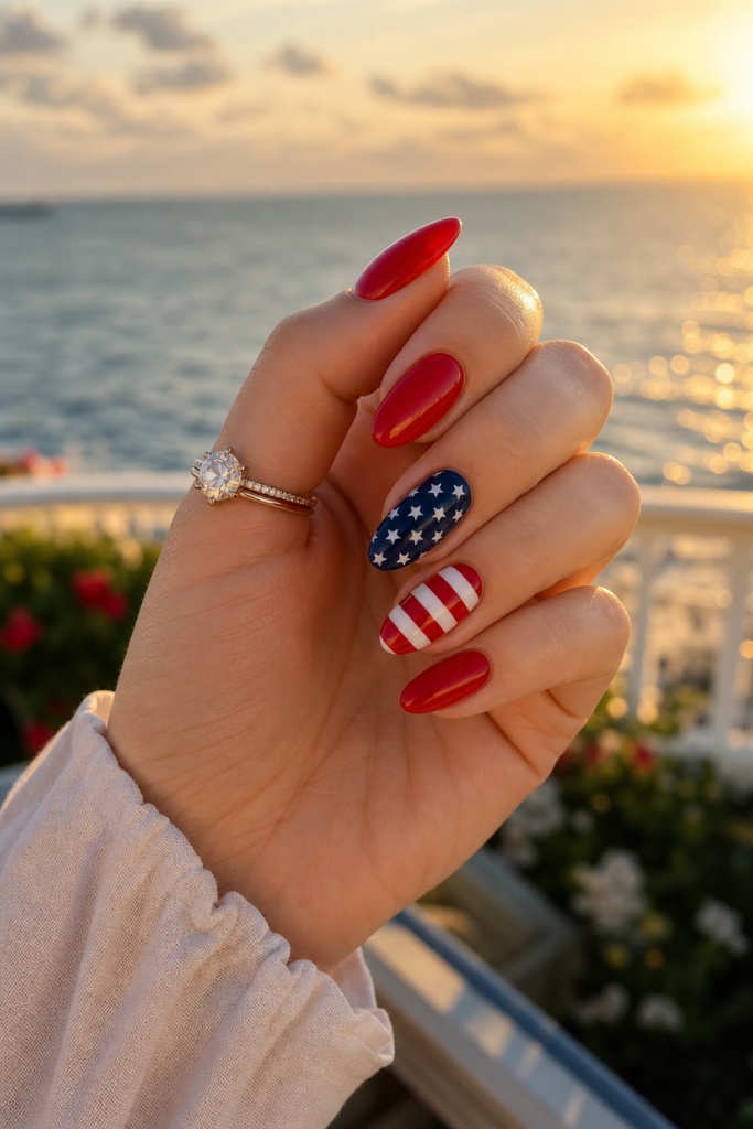 Patriotic Nails for 2026 Bold Americana Sunset Nails With Flag Detail