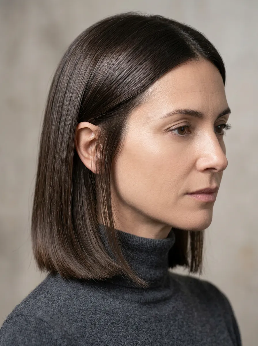 Soft champagne blonde layered bob with glossy bend, gentle volume, and polished warm-luxury summer 2026 mood for women over 40