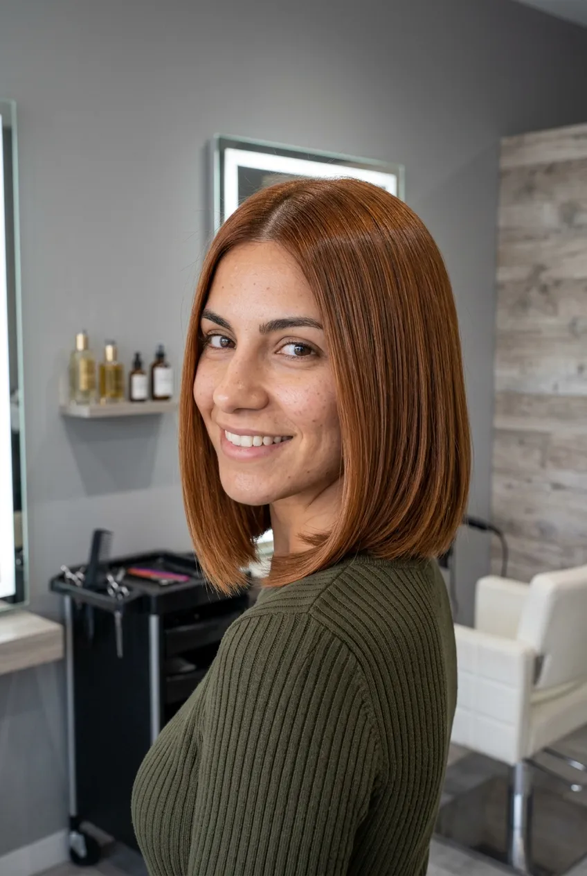 Copper glass bob medium haircut with glossy center part, smooth sleek finish, warm salon lighting, and refined Summer 2026 polish