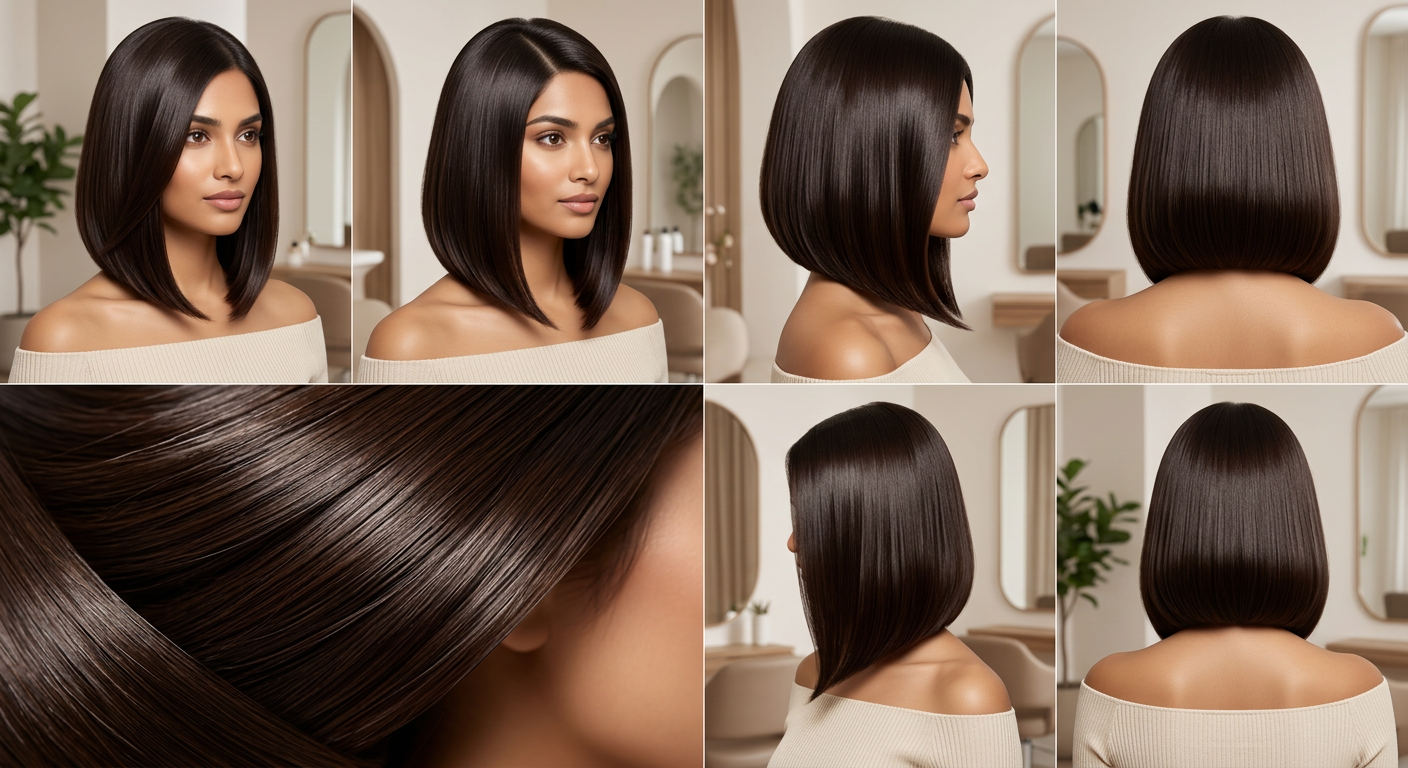deep brunette angled bob four view collage, glossy bevel, longer front pieces, precision side profile, summer 2026 salon bob inspiration