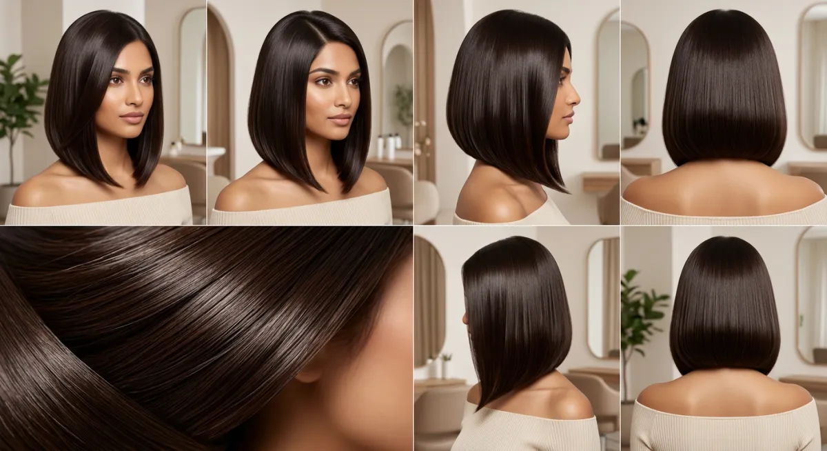 deep brunette angled bob four view collage, glossy bevel, longer front pieces, precision side profile, summer 2026 salon bob inspiration