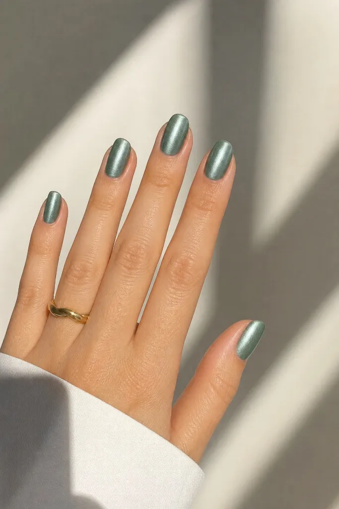 Light Summer Nails 2026 Sage Metallic Nails With Cool-Toned Summer Edge