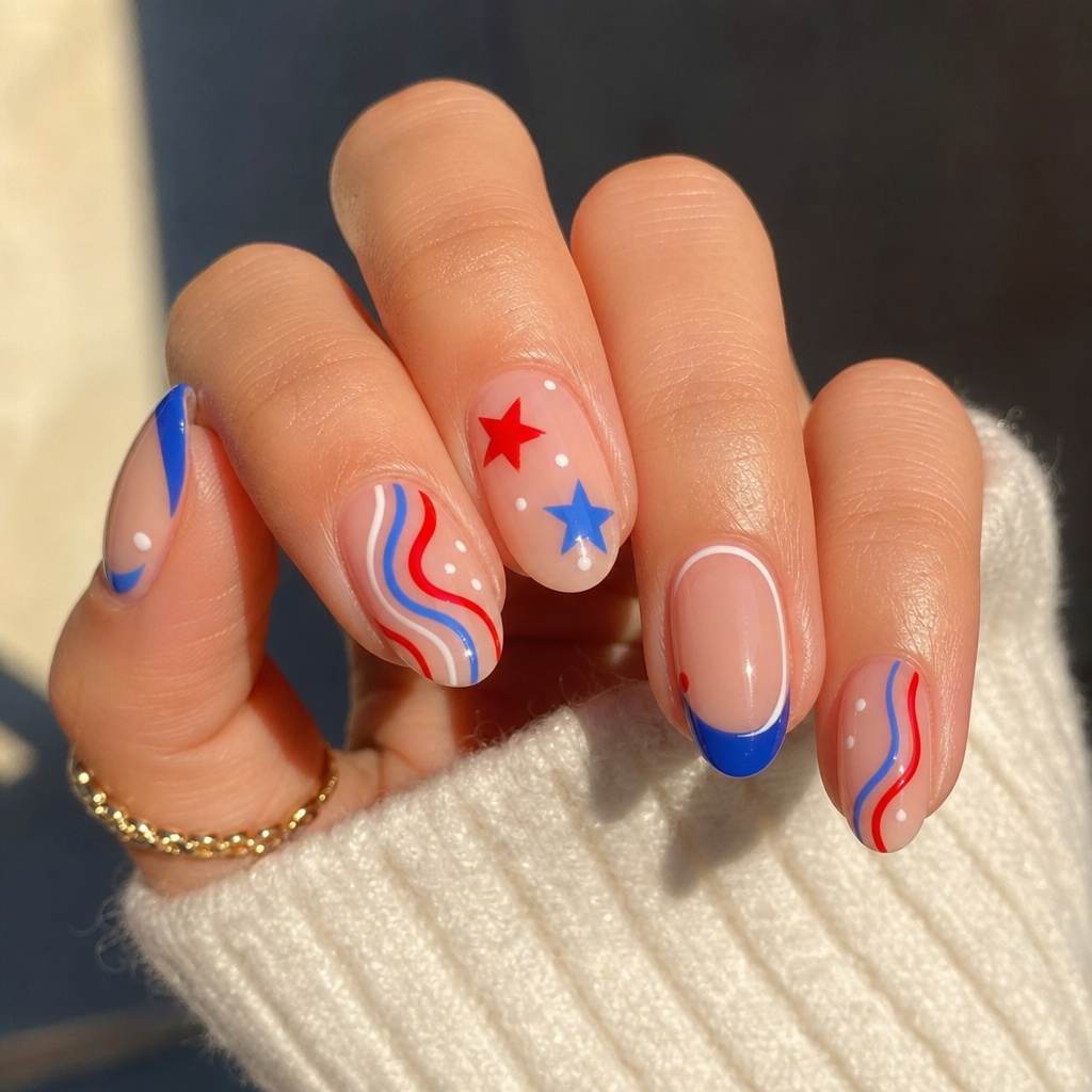 Patriotic Nails for 2026 Wavy Abstract Art With Stars and Dots