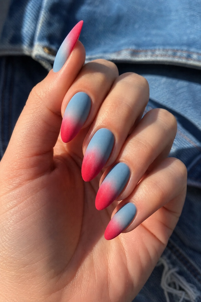 4th of July Nails for 2026 Matte Red and Blue Ombré Almond Nails