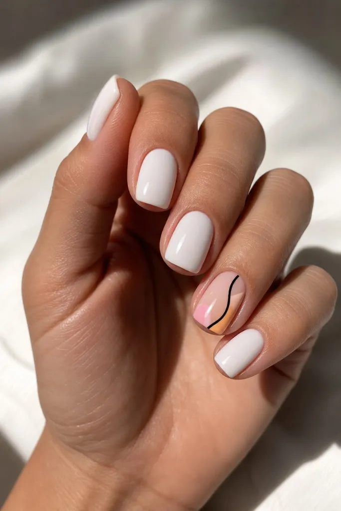 Short Nail Ideas for Summer 2026 Minimalist White Nails With Abstract Art Accents