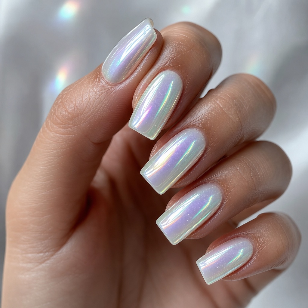 Summer Nails Inspo 2026 Iridescent Unicorn Chrome on Coffin Nails That Reflects Everything
