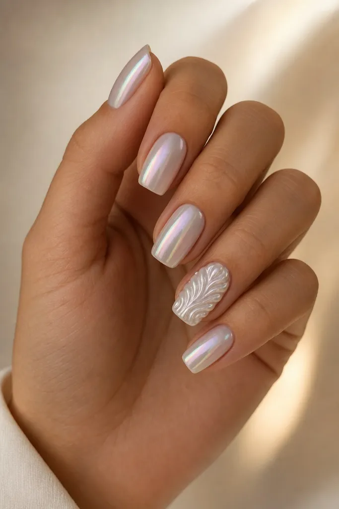 Summer Beach Nails 2026 Pearlescent Chrome Nails With Sculpted Shell Detail